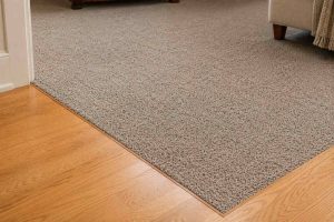 Carpeted room meeting hardwood flooring with a clean transition strip, showing how carpet and hardwood can be combined in one home.