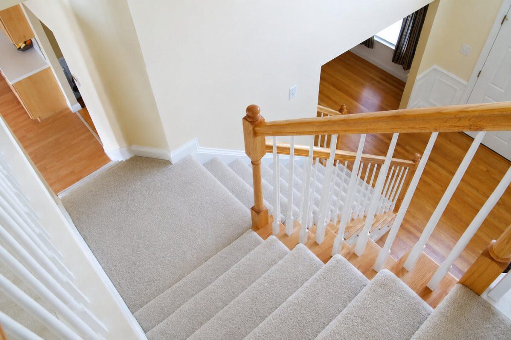 Carpeted stairs beside hardwood floors in a bright home, showing where carpet and hardwood flooring can work best.